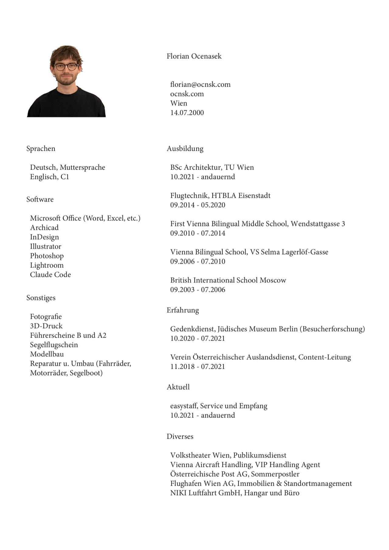 Curriculum vitae, page 1