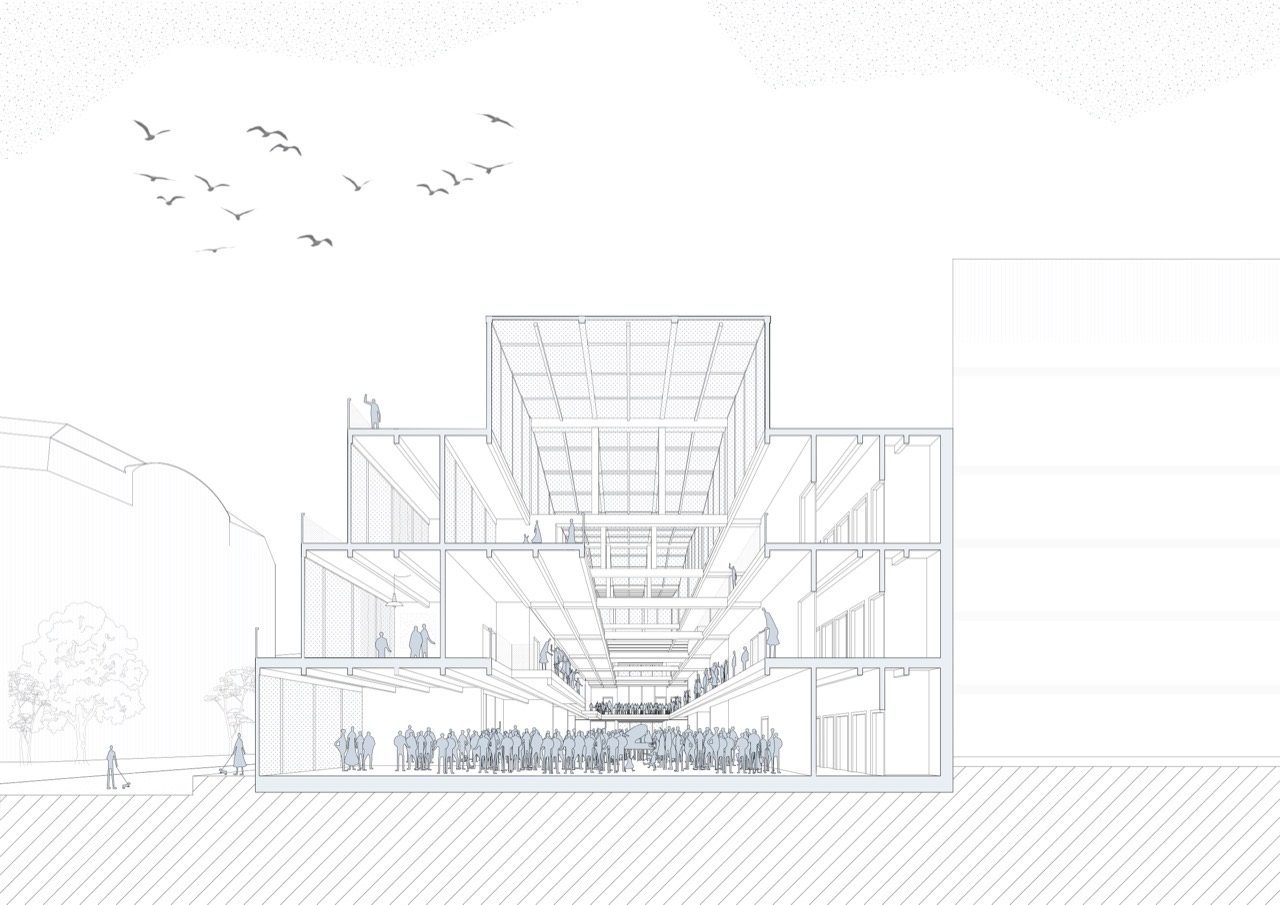 Rasterdialog, load-bearing walls that shift from floor to floor around a single hall.