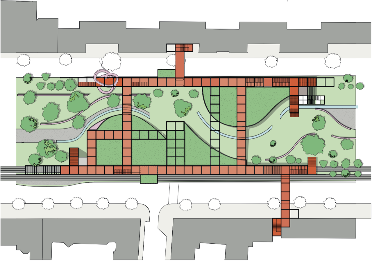 Coloured ground floor plan showing the hall in the park strip
