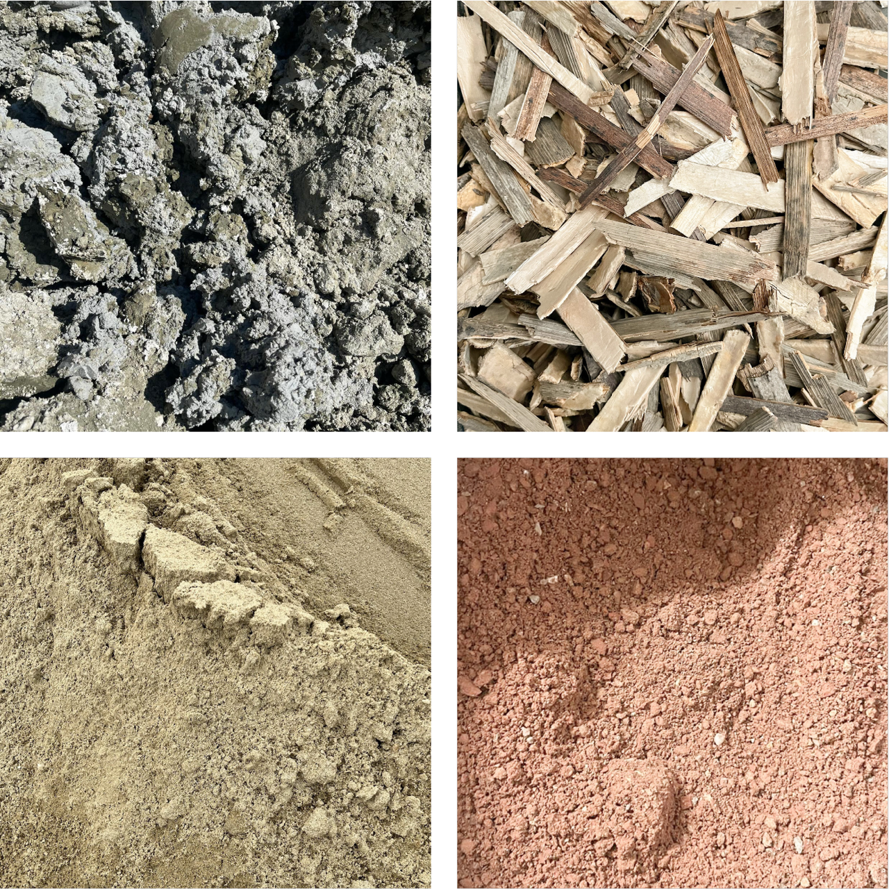 Four raw materials in close-up, wet grey Tegel loam, chopped knotweed and reed, dry sand-loam, and crushed brick powder