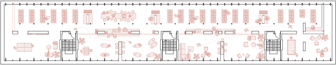 Long floor plan of the attic in its open summer layout, furniture spread the full length