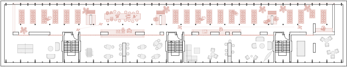 Long floor plan of the attic in its enclosed winter layout, rooms drawn tighter around the stairs
