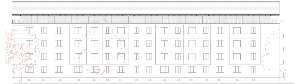 South elevation of the Gemeindebau block with the new roof extension above the existing floors
