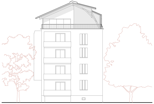 East elevation showing the pitched roof extension set back above the existing façade