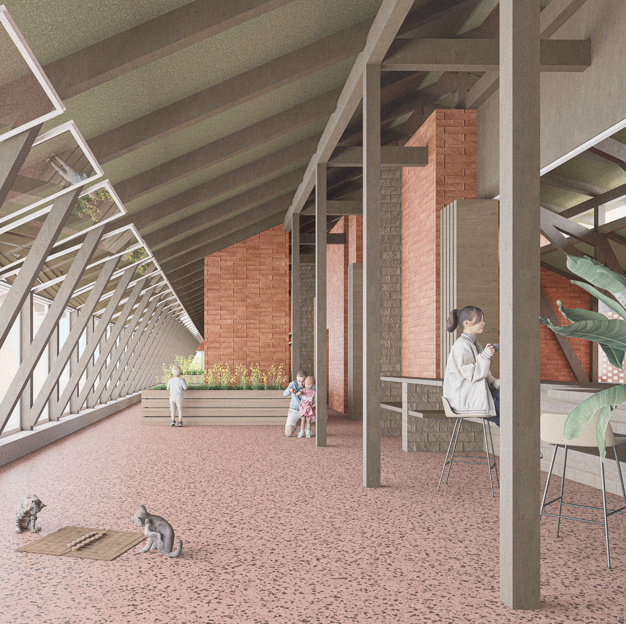 Interior view along the converted attic in summer, residents and cats among timber trusses and brick volumes