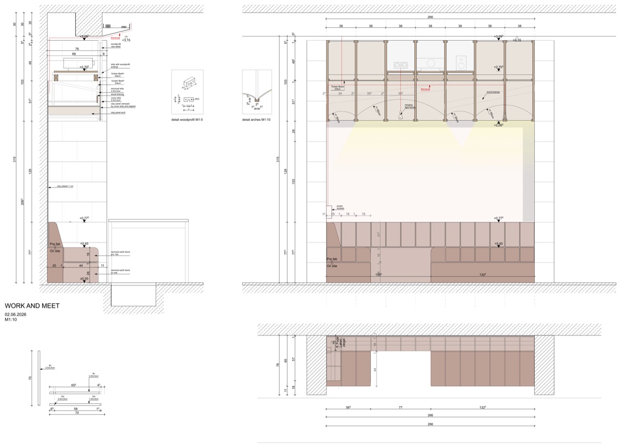 Drawing sheet at 1 to 10 with the elevation, plan and section of the bench, plus details of the timber profile and the clay arches